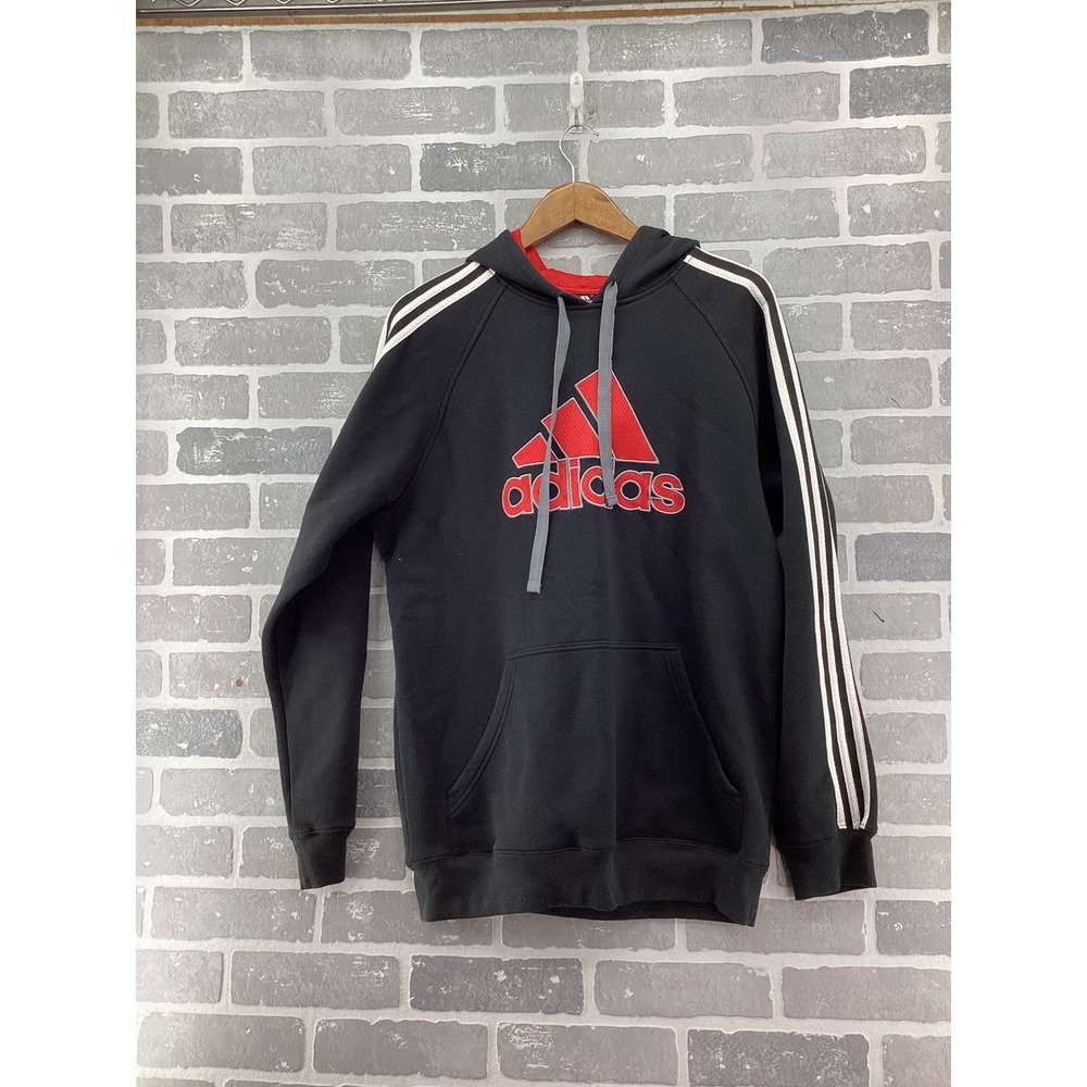 Adidas Mens Hoodie Black Red Logo Three Stripe Pullover Sweatshirt Medium